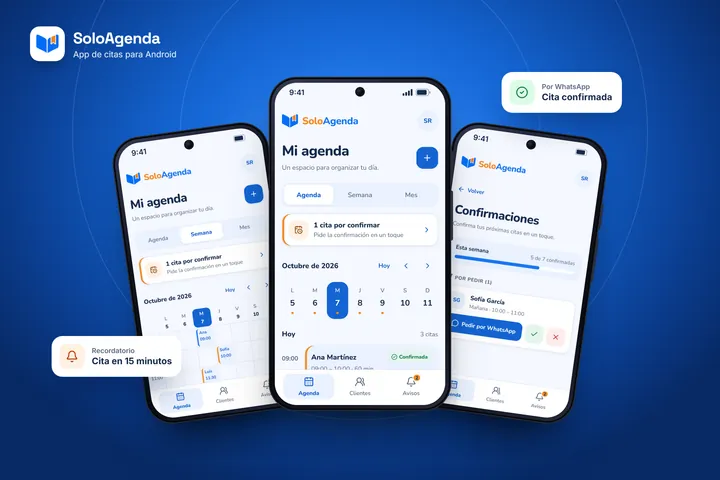 App móvil a la medida en tres celulares: vista semanal, agenda del día y confirmaciones por WhatsApp