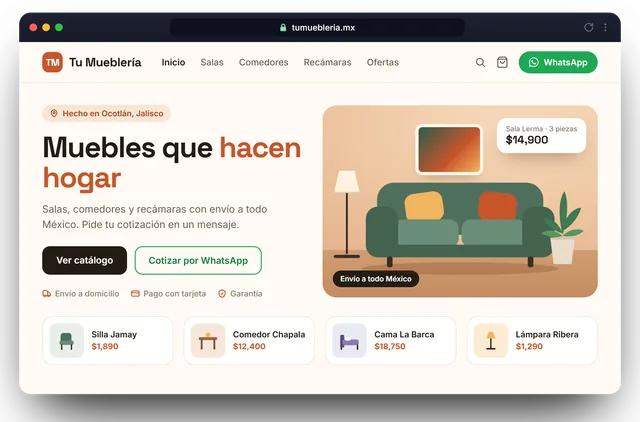 Ejemplo de página web para una mueblería, con catálogo, precios y botón para cotizar por WhatsApp