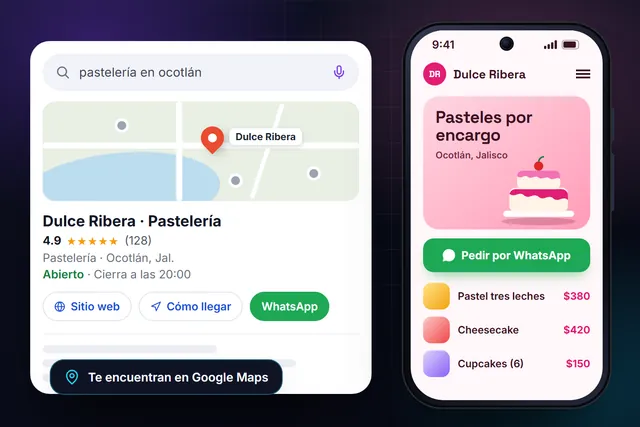 Resultado de búsqueda local en Google Maps y página web en celular de una pastelería con botón para pedir por WhatsApp