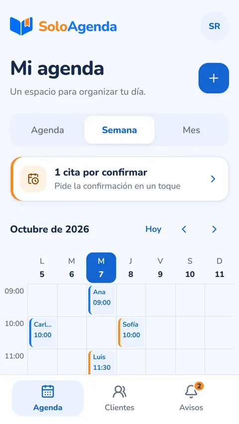 Las citas de la semana en columnas por día y hora.