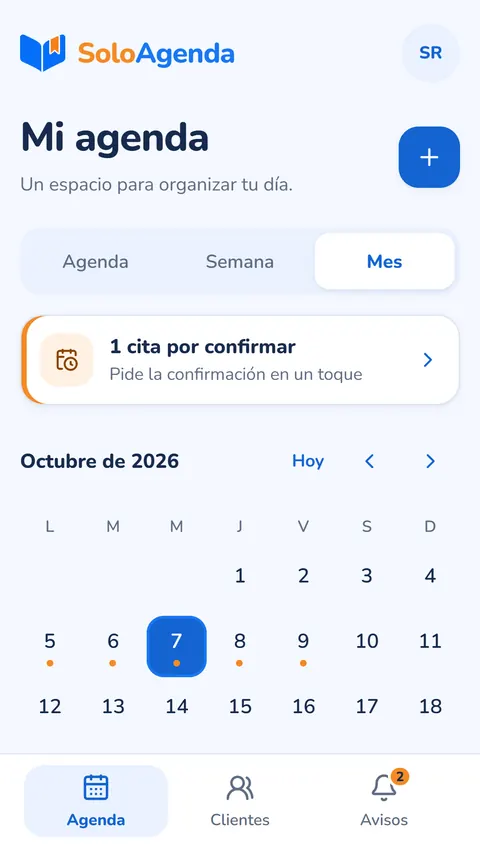 Calendario mensual con los días que tienen citas marcados.