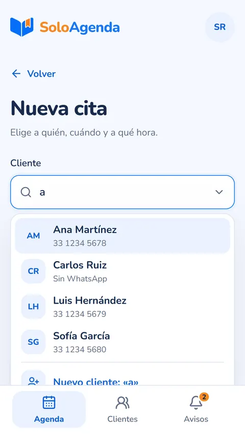 Formulario para agendar una cita buscando al cliente por nombre o teléfono.