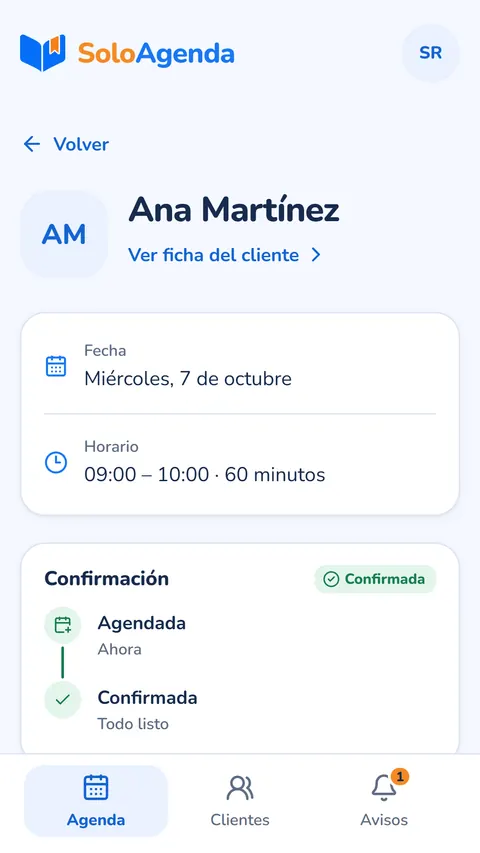 Fecha, horario y estado de confirmación de una cita.