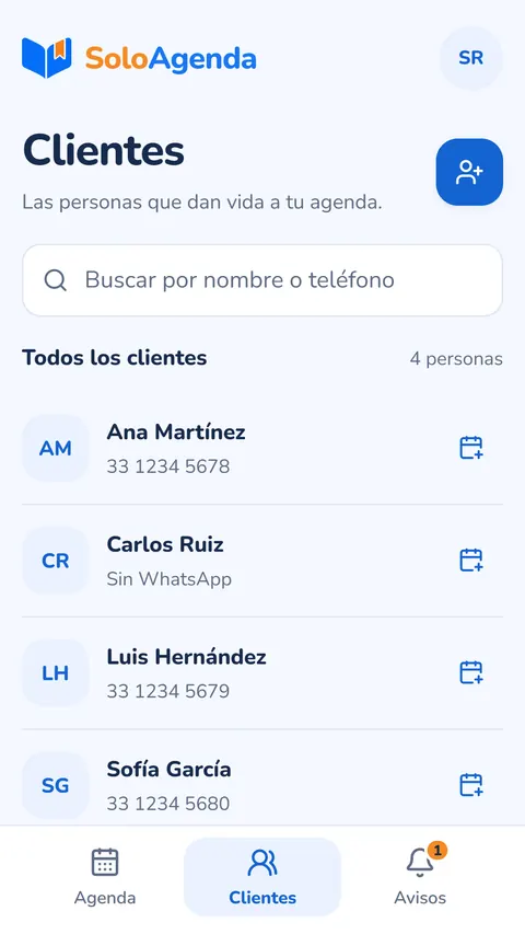 Directorio de clientes con buscador por nombre o teléfono.