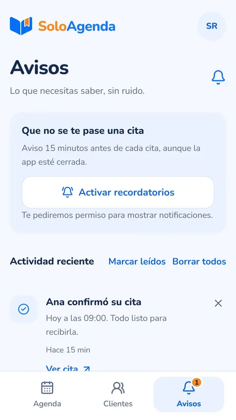 Recordatorios antes de cada cita y actividad reciente.